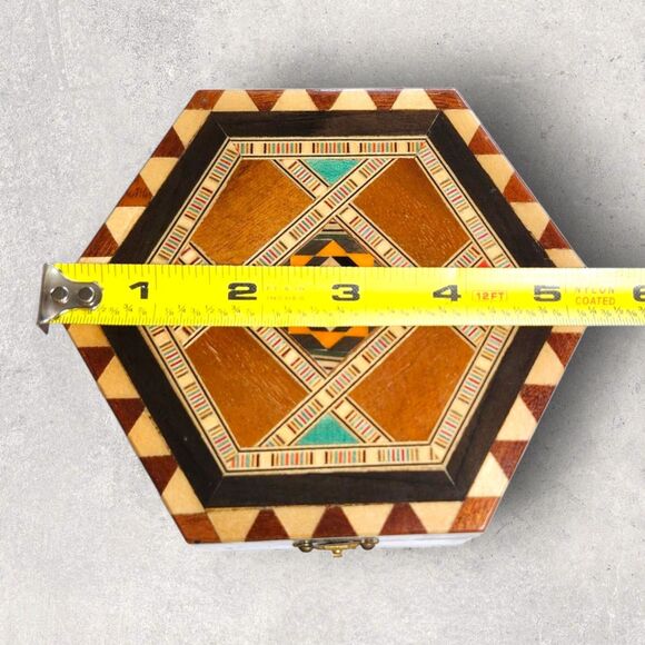 Vintage Taracea Marquetry Jewelry Box Spain Inlaid Wood Hexagon Gift Geometric - Picture 7 of 8